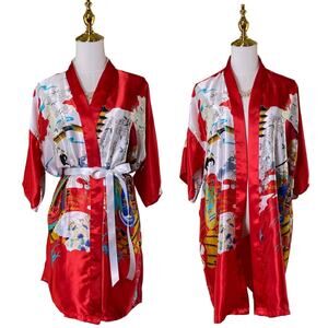 Vintage 70s Red Silky Satin Geisha Scene Kimono Dressing Gown Robe Size M